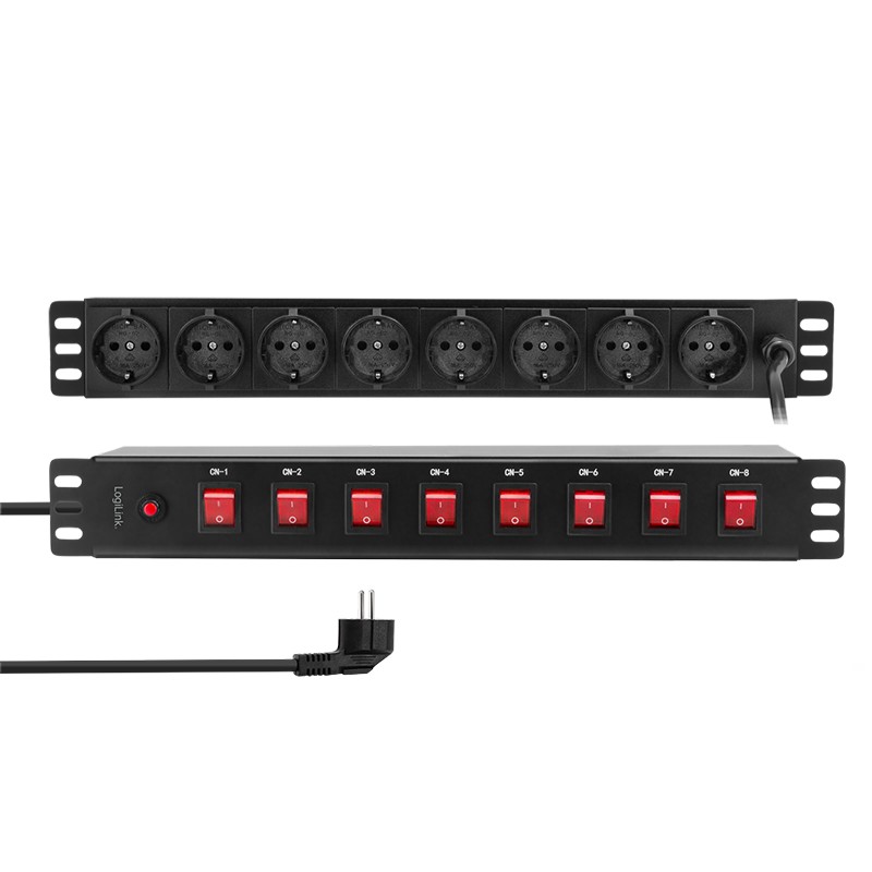 PDU8D01  Regleta Aluminio Rack 19"  8 Schuko, Entrada Schuko CEE 7/7 16A 2m 1U Con Interruptor Individual Negro Logilink