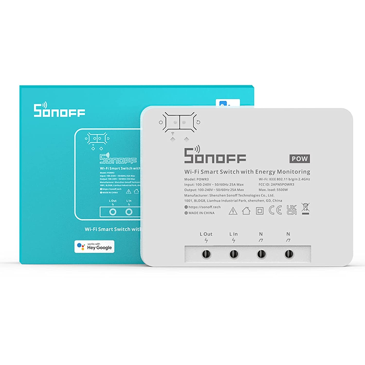 POWR3  SONOFF Pow R3- Interruptor Inteligente WiFi de Alta Potencia 25A 5500W  (con Monitoreo Energético), Protección de Sobrecarga