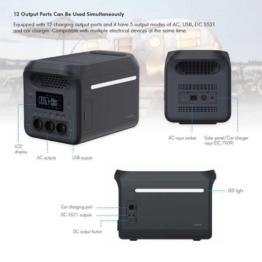 PPS1800  Estacion de Carga portatil 1800W LiFePO4 battery Tuya compatible Logilnk
