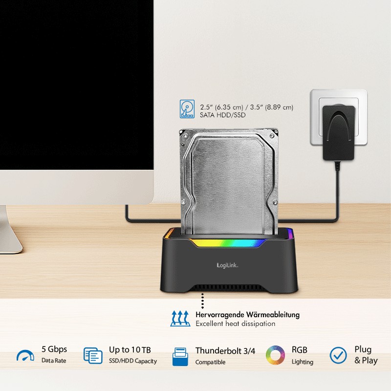 QP0035  Estaci&oacute;n de acoplamiento, 1 puerto, USB-C 3.2 Gen 1, HDD/SSD SATA de 2,5" y 3,5", iluminaci&oacute;n RGB, negra