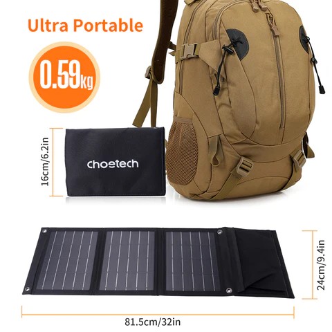 SC005  Panel solar autónomo plegable,  22W negro Choetech 1 x USB A port 2.1A (Max)  360g con USB Choetech 2 x USB A  2.4A max per port