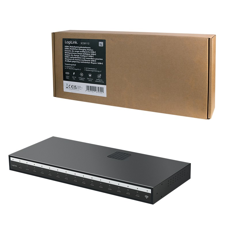 SCS0112  Cargador múltiple USB-C (IPSS), 15 puertos, PD, inteligente, negro para Rack 19"