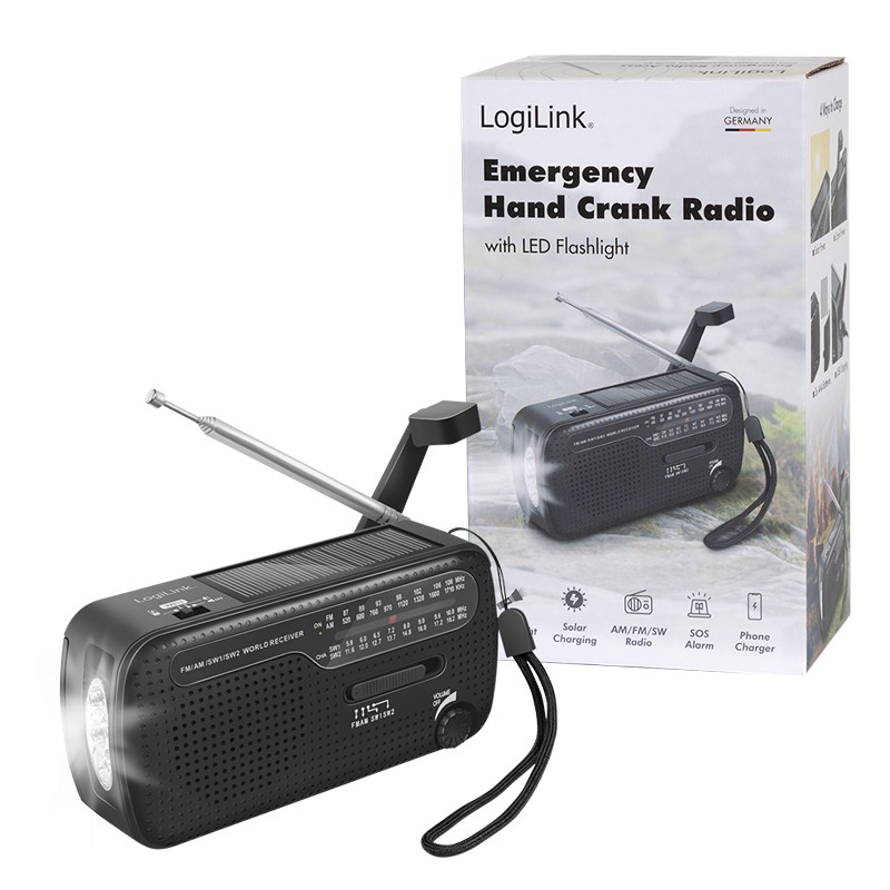 SP0061  Radio con carga por dinamo, solar o USB, con linterna