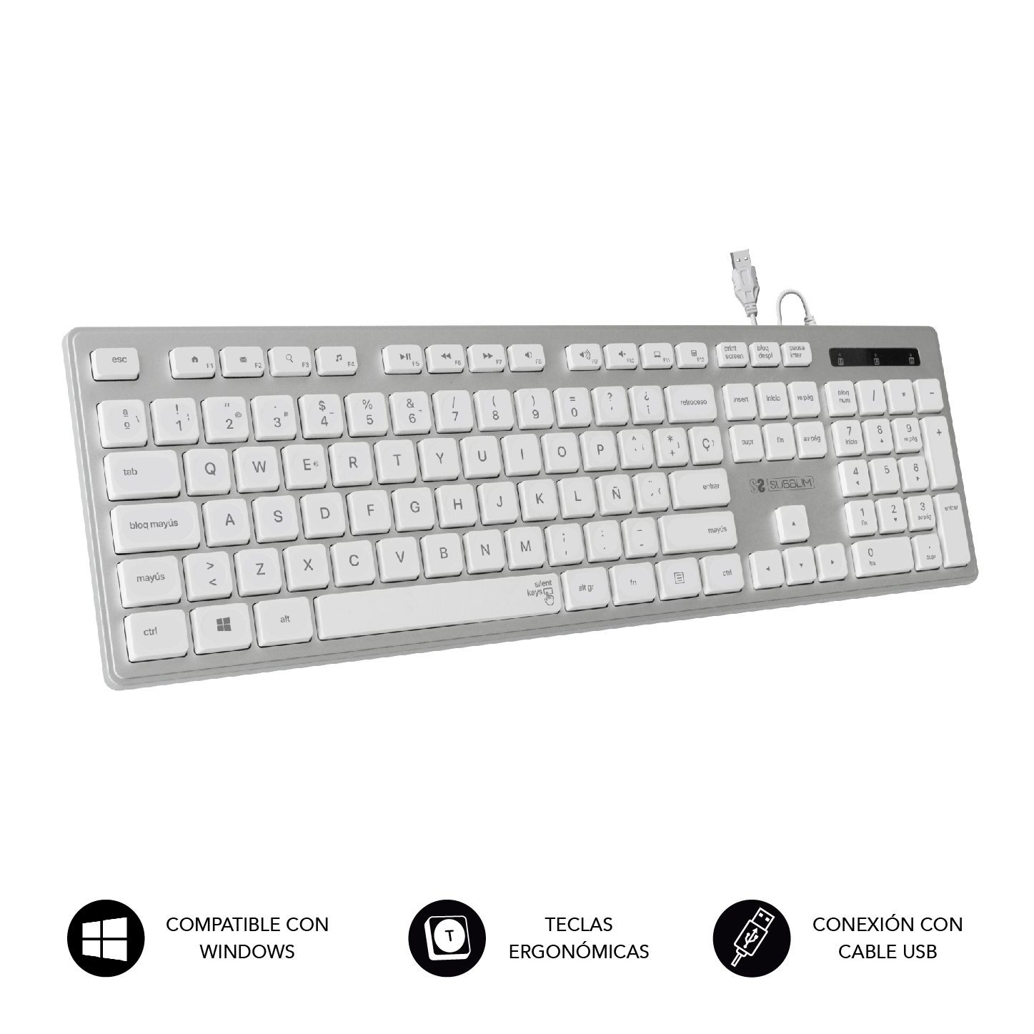 SUBKBC-0EKE20  Teclado Ergonómico con cable USB Plano Silencioso Plata/Blan