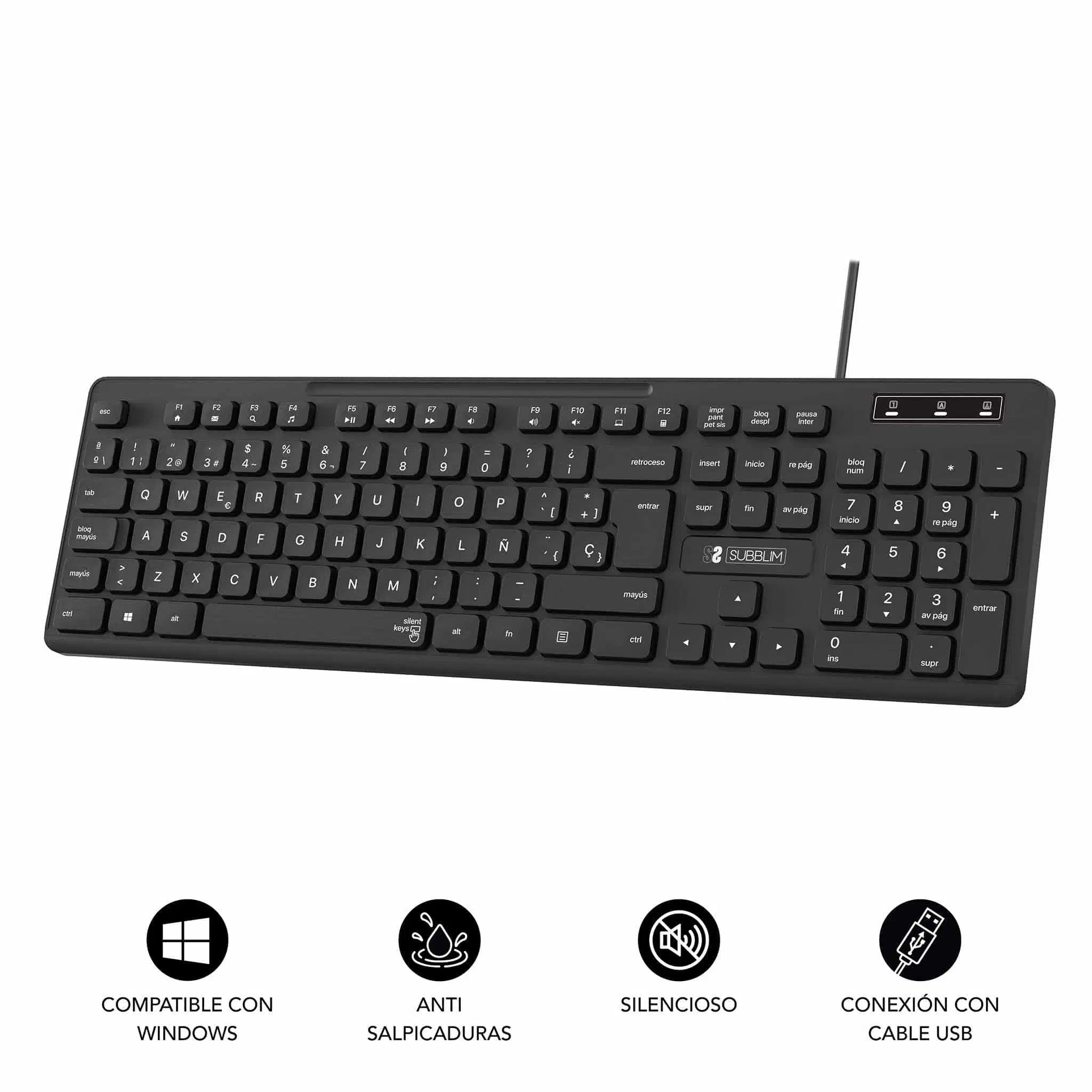 SUBKBC-0SSK50  TECLADO BUSINESS SLIM SILENCIOSO CON CABLE USB, NEGRO, SUBBLIM
