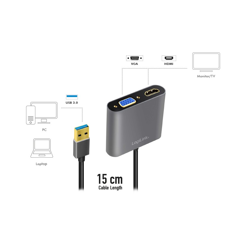 UA0234  Adaptador USB A 3.0 Macho a HDMI Hembra  y VGA Hembra 0.15 metros  Aluminio Logilink