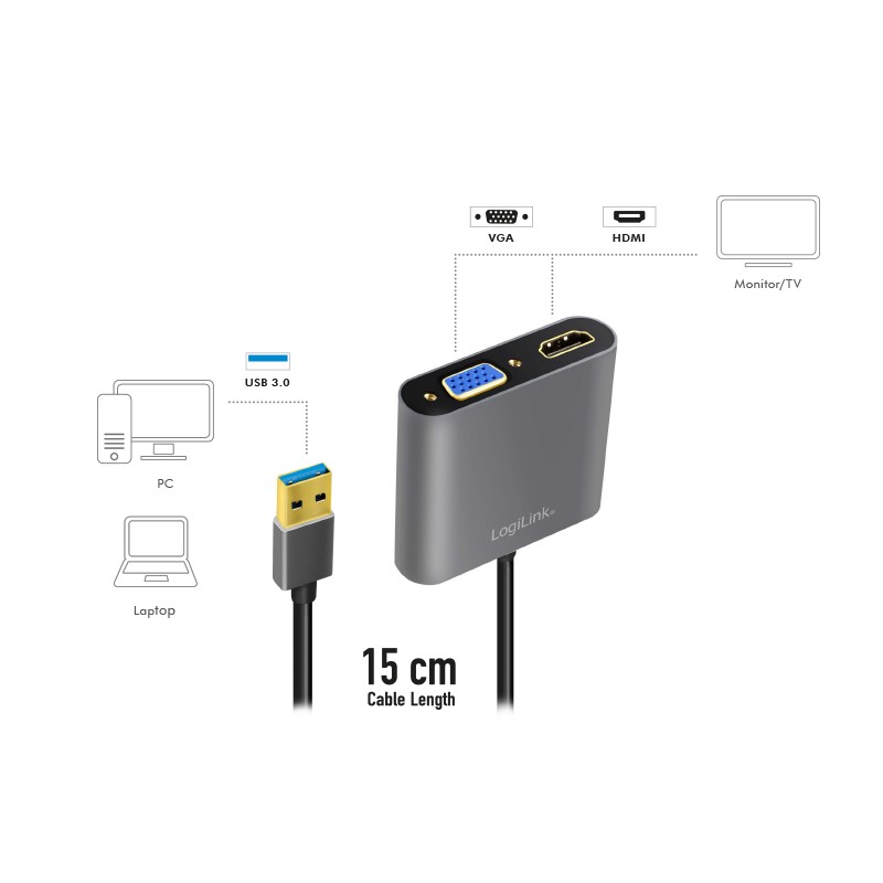 UA0234  Adaptador USB A 3.0 Macho a HDMI Hembra  y VGA Hembra 0.15 metros  Logilink