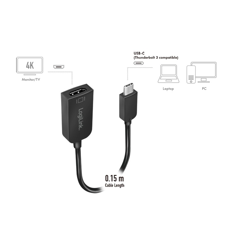 UA0236A  Adaptador USB C Macho a HDMI Hembra   0.15m 4K/30Hz (3840x2160), Negro, Bolsa de Colgar