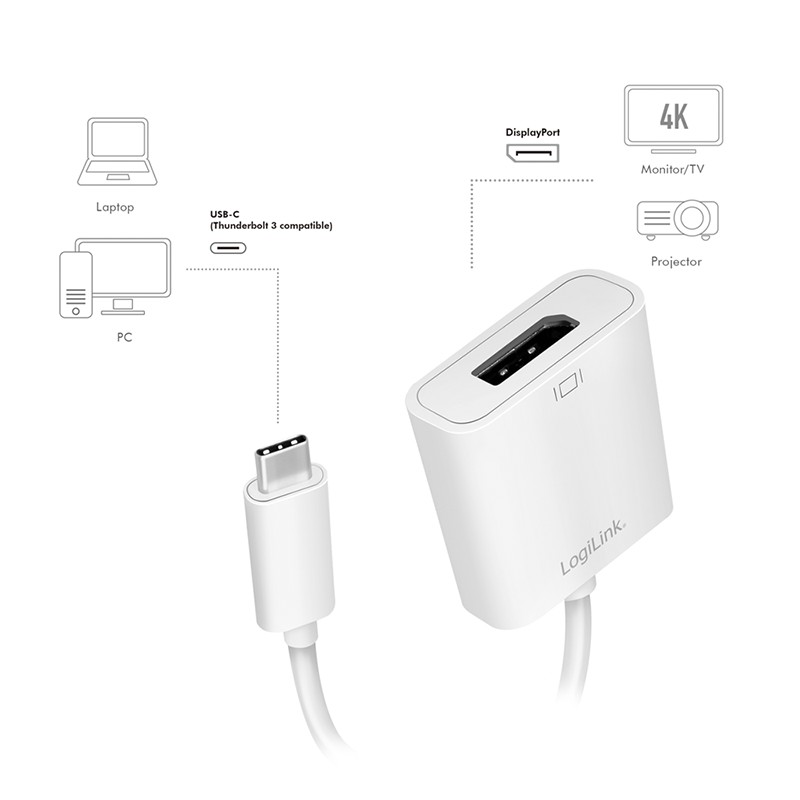 UA0246A  Adaptador USB C Macho a DisplayPort Hembra 4K@60h Blanco 15Cm Logilink