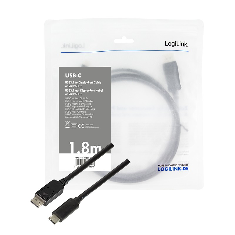 UA0335  Cable USB C Macho a DISPLAYPORT Macho 4K/120 Hz, 1,80 m, Negro Logilink