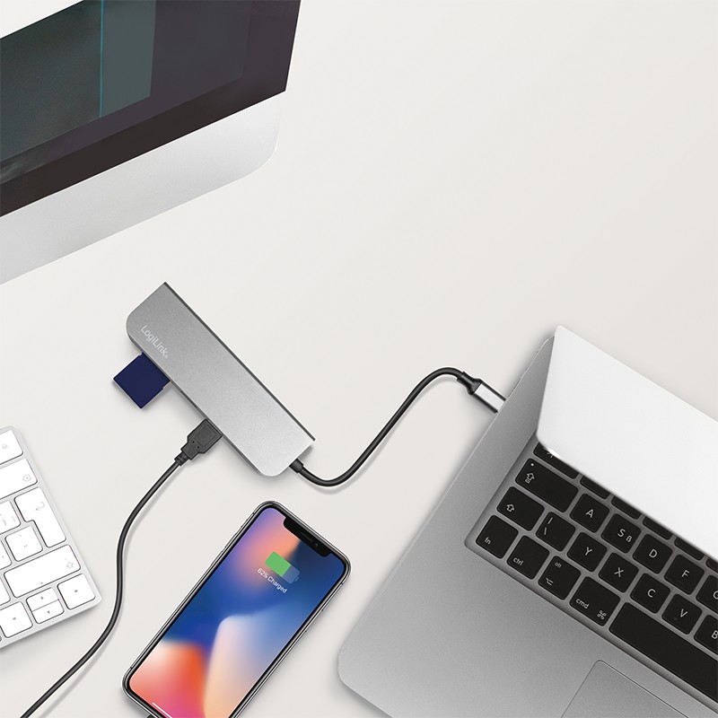UA0343  Dock multifunción 6 en 1 que incluye 1 puerto HDMI,1x USB-C PD 2.0, 1x USB-A 3.0, 1x USB-A 2.0, 1x SD card slot, 1x microSD card