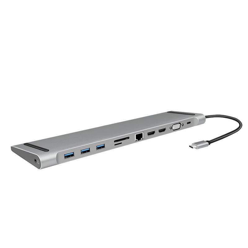 UA0373  Docking USB-C 3.2 Gen1 11 Puertos, 2 interfaces de vídeo (2xHDMI, VGA) para conectar hasta dos monitores simultáneamente