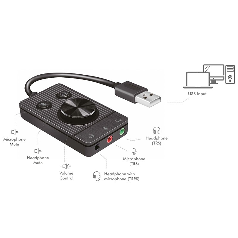 UA0397  Adaptador de audio USB 2.0 con control de volumen, 3x 3,5 mm/F, negro  LogiLink