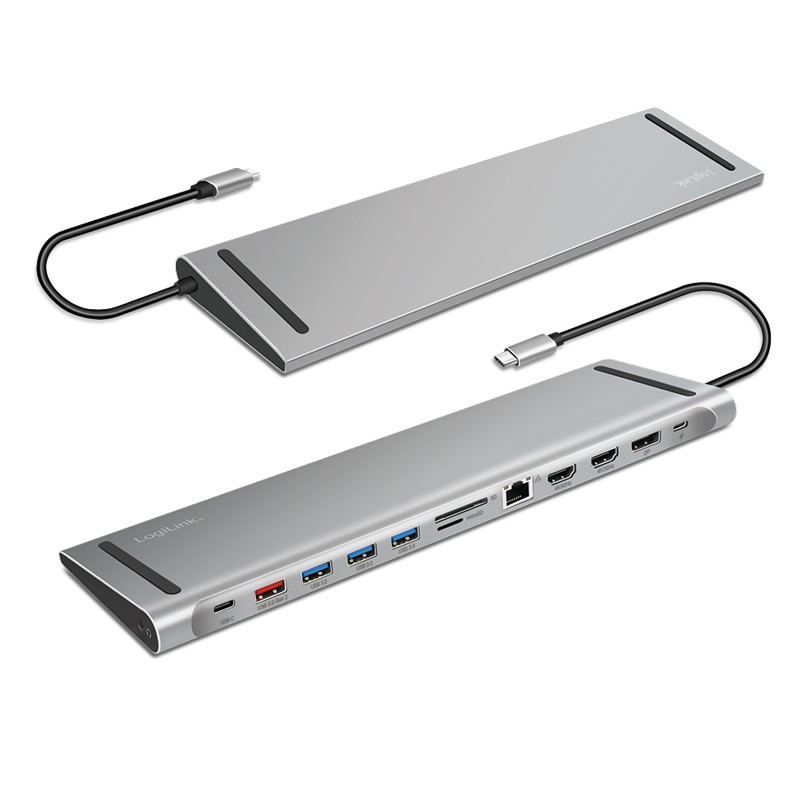 UA0411  Docking USB-C 1x USB-C PD, 3x 3.0 USB-A, USB-C 10Gbps, 2x HDMI-A  1x 3.5 mm, 1x Displayport, 1x RJ45 Gigabit, 1x SD/microSD card