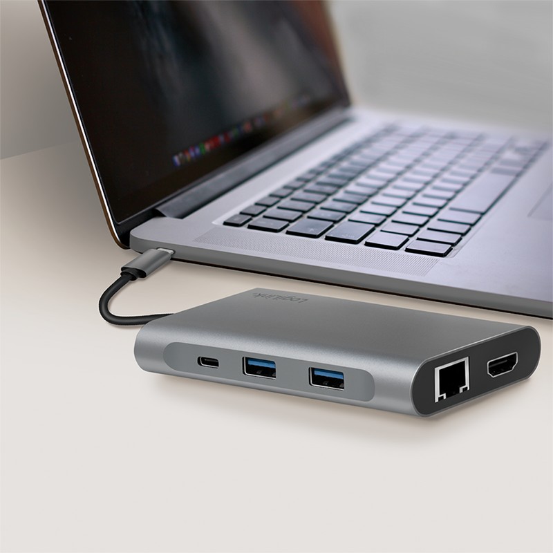 UA0411  Docking USB-C 1x USB-C PD, 3x 3.0 USB-A, USB-C 10Gbps, 2x HDMI-A  1x 3.5 mm, 1x Displayport, 1x RJ45 Gigabit, 1x SD/microSD card
