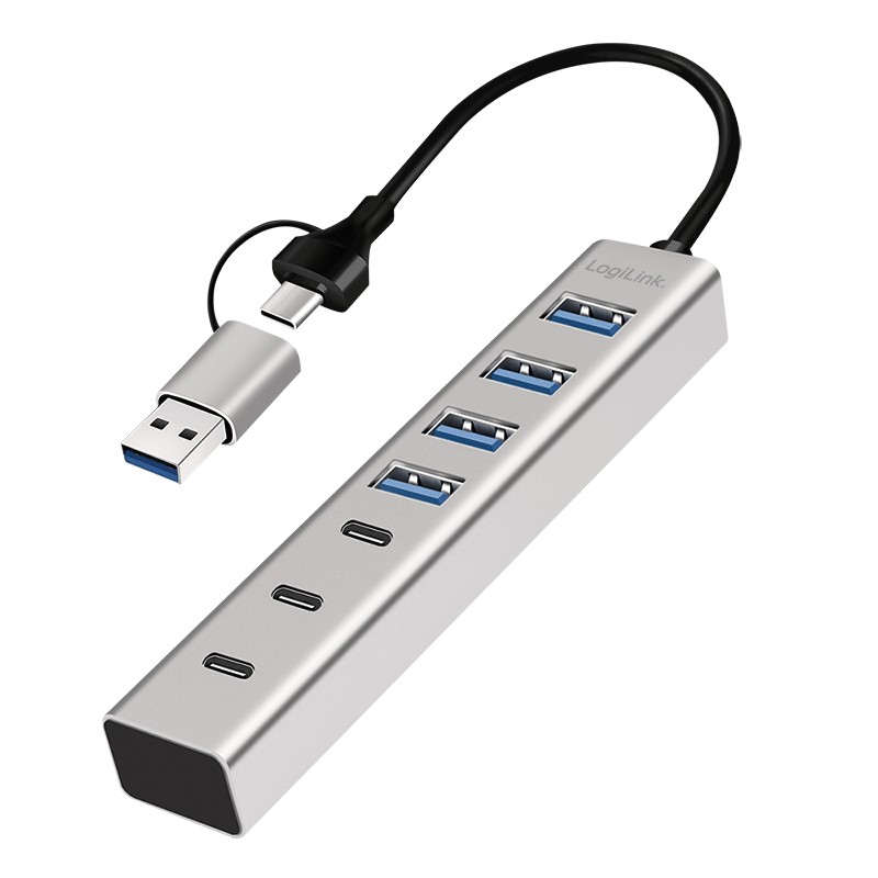UA0442  Hub USB 3.0, 7 puertos 4xUSB-A + 3xUSB-C, Cable USB-A/USB-C 3.0 2 en 1, 5 Gbps