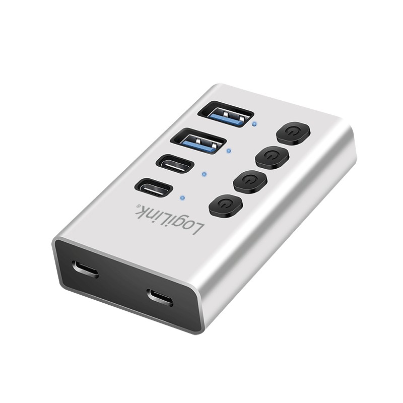 UA0446  Hub USB 3.2 Gen 1, 4 puertos con cable/adaptador, USB-A/C, interruptor de encendido/apagado, aluminio