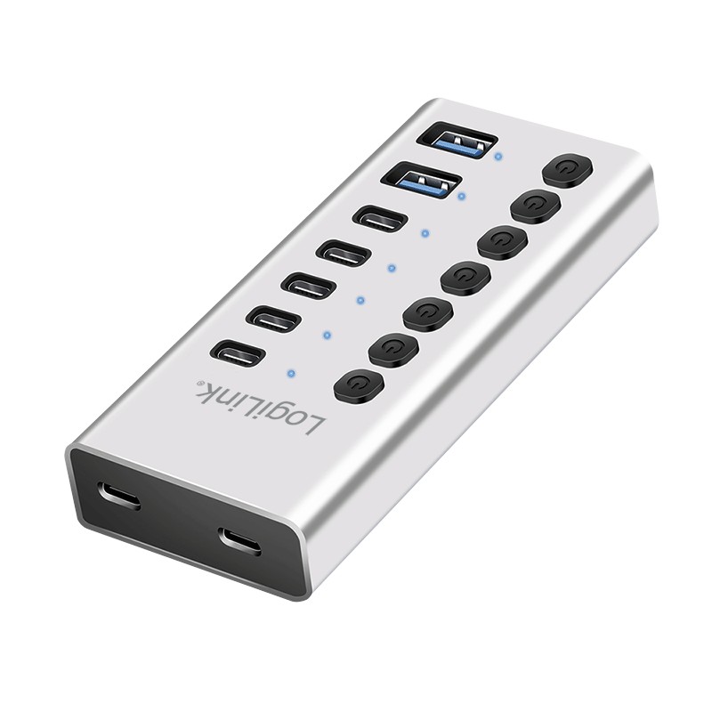 UA0447  Hub USB 3.2 Gen 1, 7 puertos con cable/adaptador, USB-A/C, interruptor de encendido/apagado, aluminio