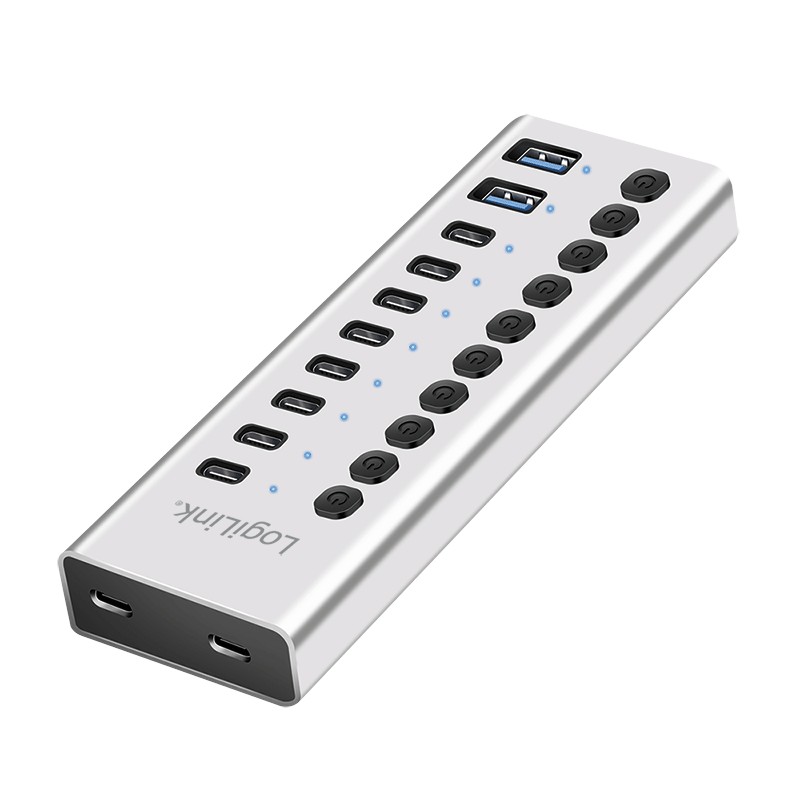 UA0448  Hub USB 3.2 Gen 1,10 puertos con cable/adaptador, USB-A/C, interruptor de encendido/apagado, aluminio