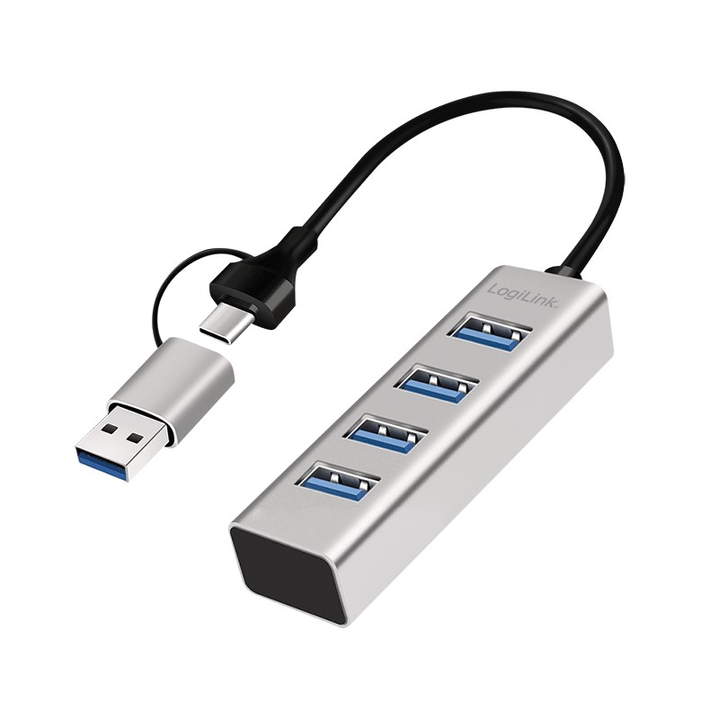 UA0455  Hub USB 3.0, 4x USB-A, 5 Gbit/s, cable de conexi&oacute;n 2 en 1, plateado
