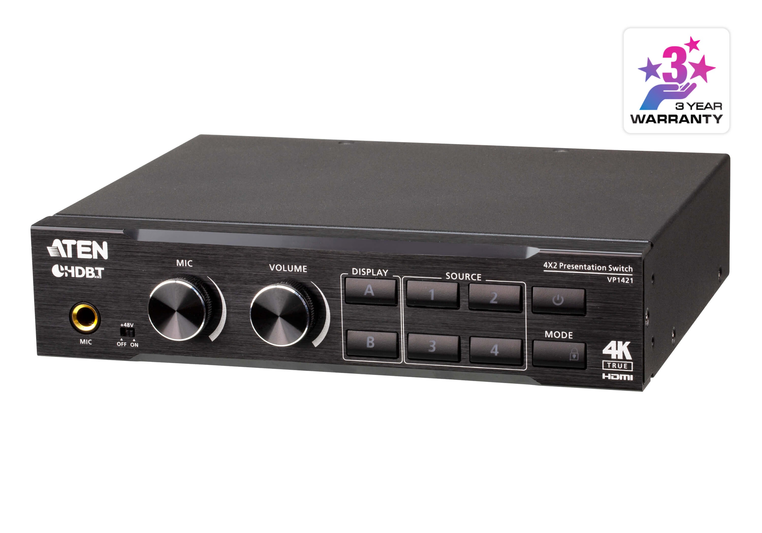VP1421  Switch de presentación True 4K 4 x 2 con escalador de vídeo, DSP y HDBaseT-Lite de ATEN
