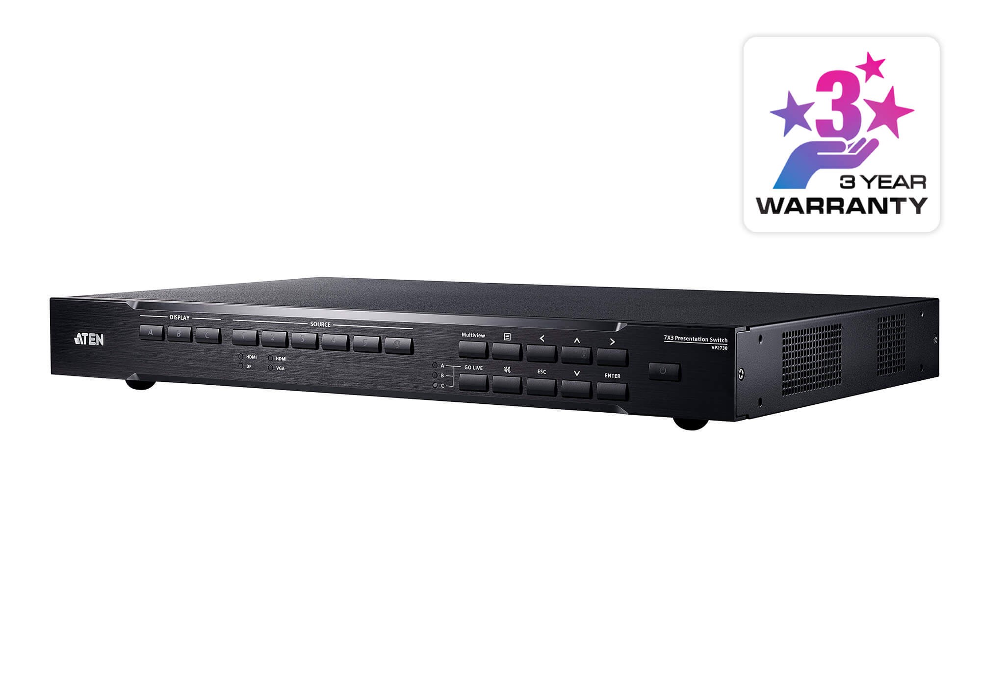 VP2730  Switch de presentación 7 x 3 con escalador de vídeo, streaming, mezclador de audio y HDBaseT de ATEN