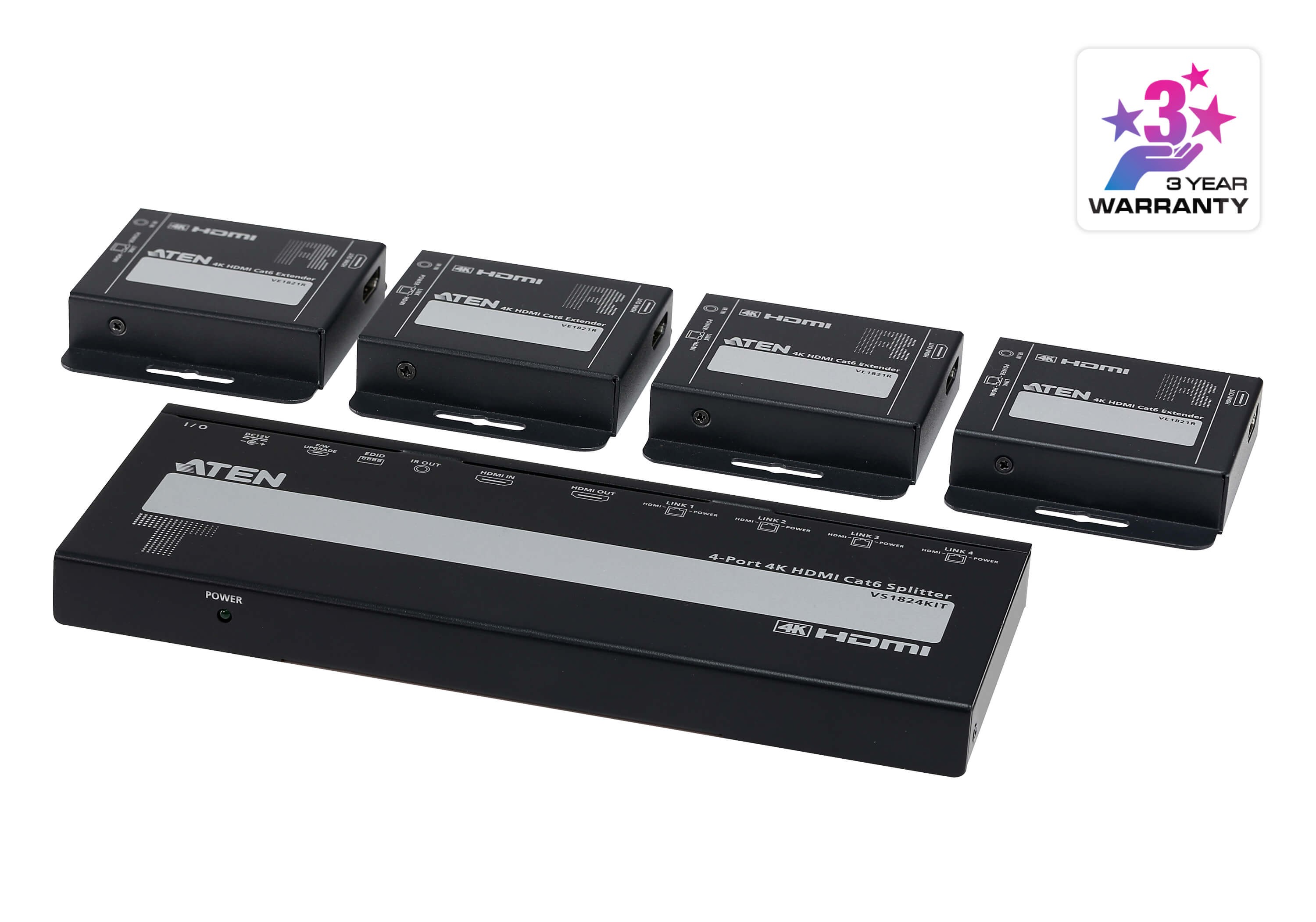 VS1824KIT  Un kit que incluye 1 divisor y 4 receptores para distribuir 1 fuente HDMI a 4 monitores  40 m mediante un &uacute;nico cable Cat 6