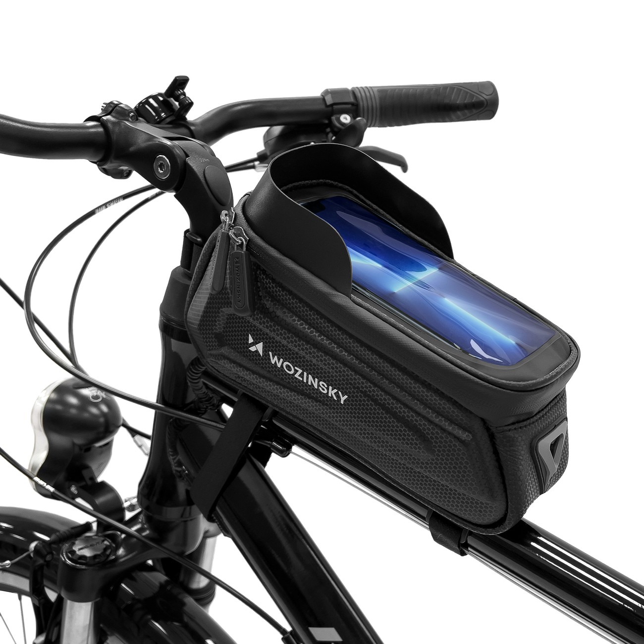 WBB28BK  Bolsa para cuadro de bicicleta Wozinsky con funda para tel&eacute;fono, 1,7 L, color negro (WBB28BK)