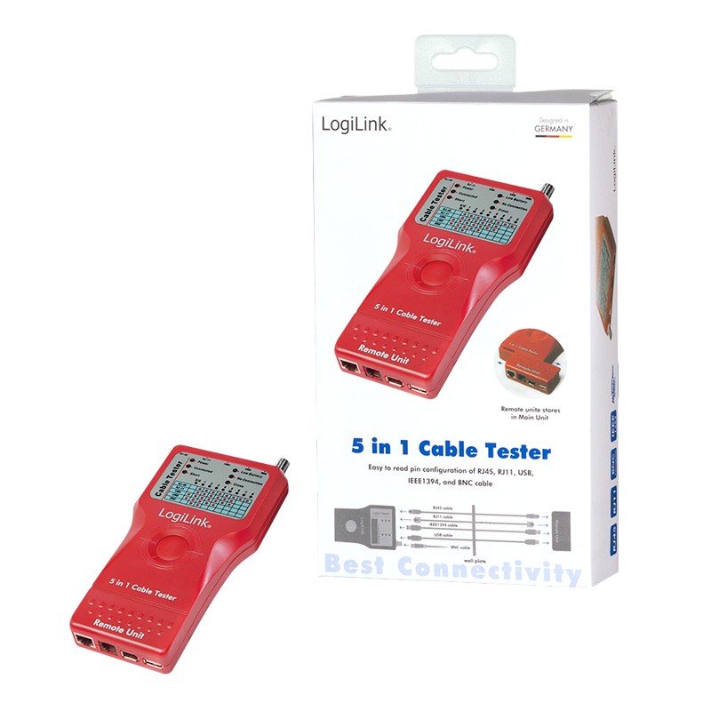 WZ0014  Tester de cables 5 en 1, RJ45, RJ11, USB, BNC, FireWire, con unidad remota