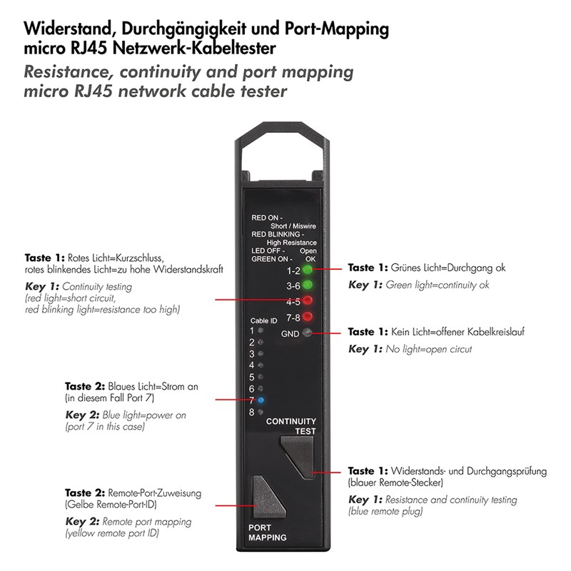 WZ0076  Tester 3 en 1  de cables de red de mapeo de puertos y continuidad Logilink